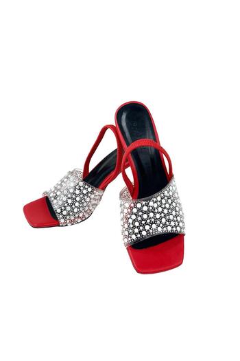 bescobel Peşil Red Stoned Women's Thin Heel Slippers - Elastic, 8Cm 807