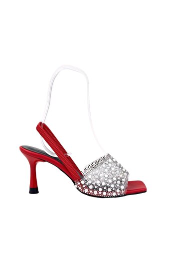 bescobel Peşil Red Stoned Women's Thin Heel Slippers - Elastic, 8Cm 807