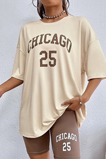 Revasser Unisex Beige Oversize Chicago Printed