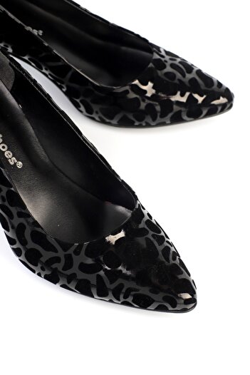 Night Shoes Kadın Desenli Rugan Süet Kısa Topuklu Ayakkabı