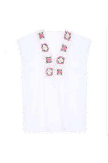 Soma Kadın Atölyesi Somakadın Hand Embroidered Pink Green Collar White Pareo Lacy Cotton Fabric with Tassels StndSize White
