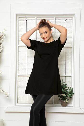 MyBen Women's Black Short Sleeve Cotton Crew Neck Combed Cotton Tunic-underwear Slm010