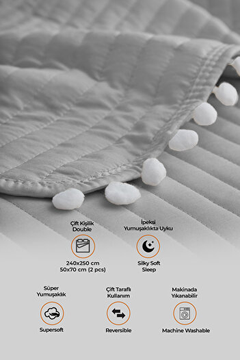 Evlen Home Collection 100% Cotton Double Bedspread Set with Pompom Quilted Pique Set with Filling Gray