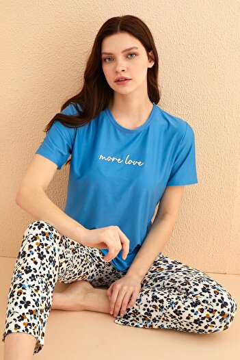 MEBA Set de pijamale pentru femei tricotate cu mânecă scurtă, More Love, cu model leopard /4