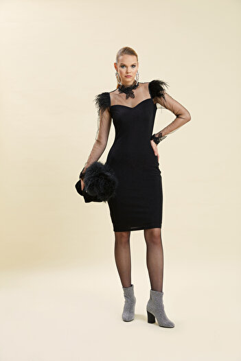 VERDA Feather And Lace Guipure Evening Dress