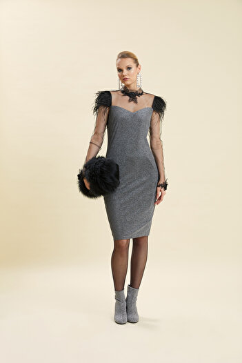 VERDA Feather And Lace Guipure Evening Dress