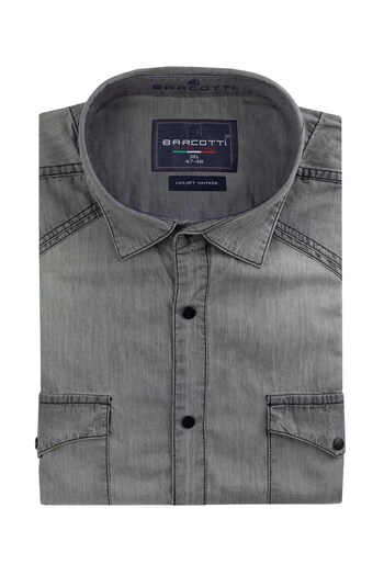 marufshop Men's Large Size 118-191 Suitable for Weight Interval Short Sleeve Lycra Flap Double Pocket Denim Shirt Gray