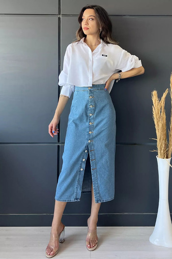 GÜLSELİ Blue Button Detailed Jean Denim Skirt