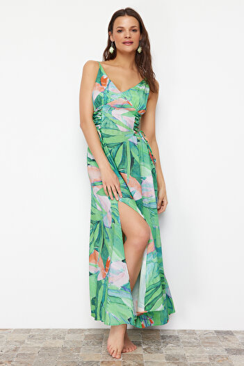 Trendyol Collection Πράσινο τροπικό σχέδιο Maxi Woven Beach Φόρεμα TBESS24EL00098