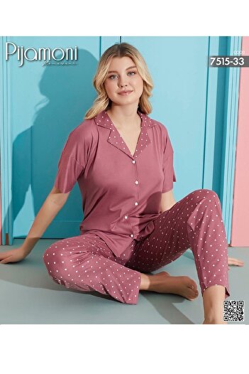 Pijamoni Milan Kumaş Gömlek Yaka Kısa Kollu Kadın Pijama Takım 7515-33