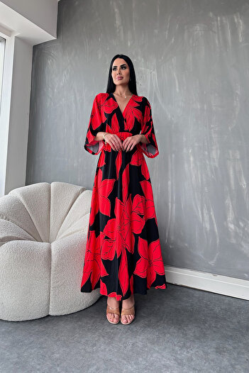 kamacibutik Double-breasted Collar Bat Sleeve Detailed Flower Patterned Elastic Waist Summer Dress
