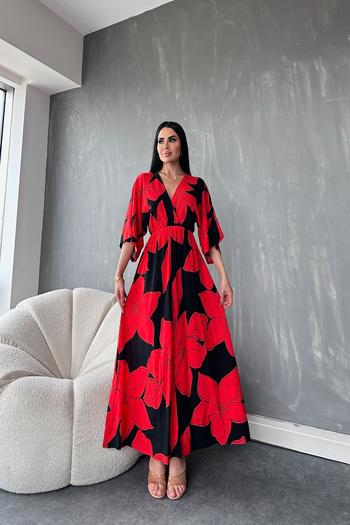 kamacibutik Double-breasted Collar Bat Sleeve Detailed Flower Patterned Elastic Waist Summer Dress