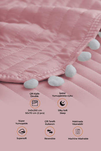 Evlen Home Collection 100% Cotton Double Bedspread Set Quilted Pompom Fiber Filled Pike Set Powder