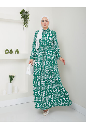 VOLT CLOTHİNG Women's Patterned Shirt Collar Waist Gathered Hijab Dress