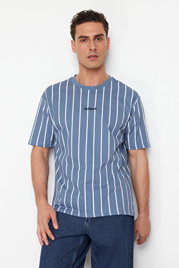 Trendyol Collection Indigové pruhované oversize bavlněné tričko - Tmnss24Ts00202