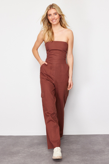 Trendyol Collection Brown Cargo Pocket Strapless Collar Maxi Woven Jumpsuit TWOSS23TU00192
