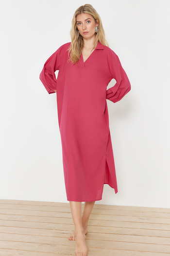 Trendyol Collection Φούξια Φαρδιά Εφαρμογή Υφαντό 100% Βαμβακερό Midi Beach Φόρεμα TBESS22EL0009