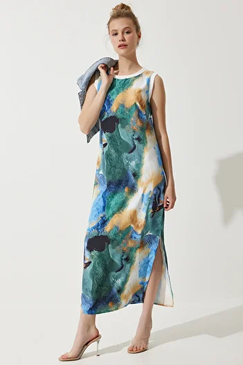 Happiness İstanbul Rochie de vară fără mâneci cu model degradat albastru pentru femei KJ00010