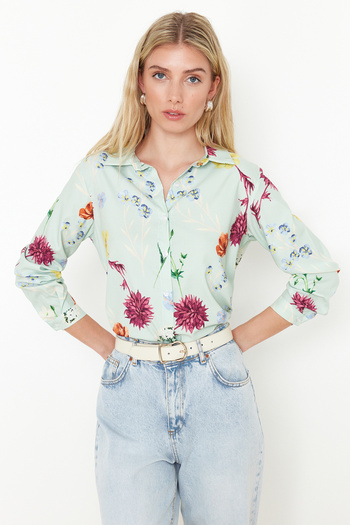 Trendyol Collection Menta virágmintás szőtt ing - normál szabású TWOAW22GO0115