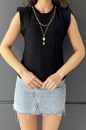 GÜLSELİ Black Necklace Shoulder Padded Women's Blouse