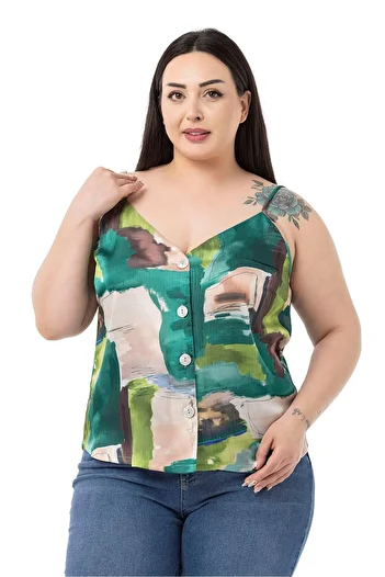 DISENTIS MODEST Plus Size Adjustable Thin Strap Buttoned Front Tie-Dye Patterned Green Blouse