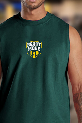BESSA Ανδρικό Beast Mode Printed Mint Oversize Crew Neck Βαμβακερό αμάνικο αθλητικό εσώρουχο