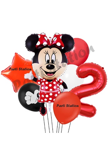 Parti Station Minnie Mouse 2 Yaş Doğum Günü Set Minnie Mouse Konsept Balon ve Kırmızı Rakam Balon