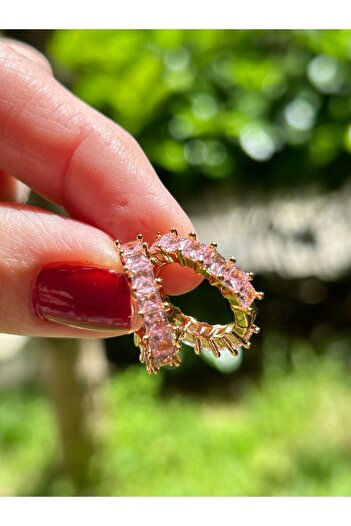 ByMerve Bym135 Pink Baguette Stone Gold Color Hoop Women's Steel Earrings