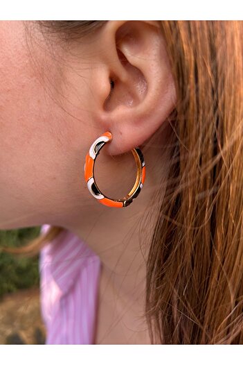 ByMerve Bym183 Neon Orange Evil Eye Enamel Daily Hoop Women's Steel Earrings