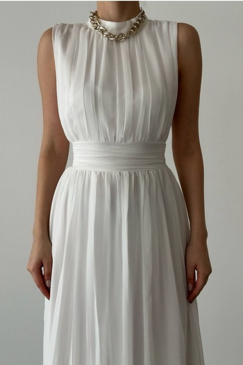 lovebox Women's Chiffon Fabric Stand Collar Back Low-cut Design Sleeveless White Maxi Evening Dress 099