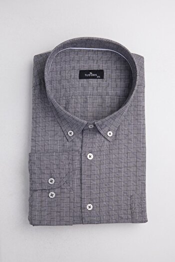 Tudors Plus Size Long Sleeve Buttoned Collar Checked Cotton Men's Shirt