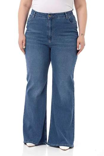 DISENTIS MODEST Plus Size High Waist Spanish Leg Blue Denim Trousers