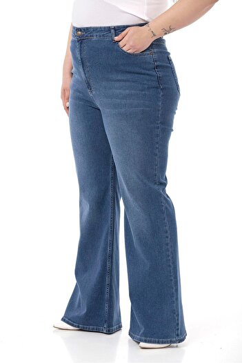 DISENTIS MODEST Büyük Beden Yüksek Bel İspanyol Paça Mavi Denim Pantolon