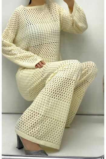 Esbersi Women's Openwork Knitwear Set Lined Trousers and Blouse