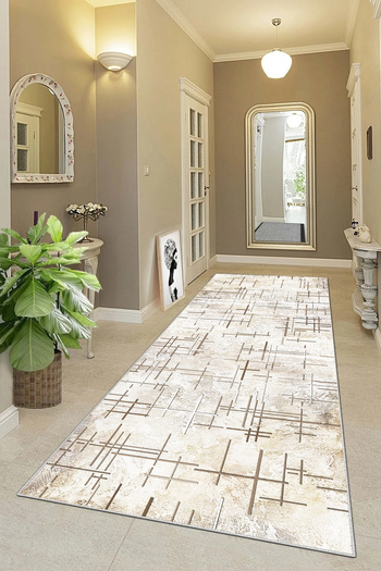 df home 7058 Model Digital Printed and Washable Non-Slip Based Cutting Carpet - Hallway Entrance Carpet