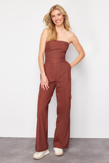 Trendyol Collection Brown Cargo Pocket Strapless Collar Maxi Woven Jumpsuit TWOSS23TU00192