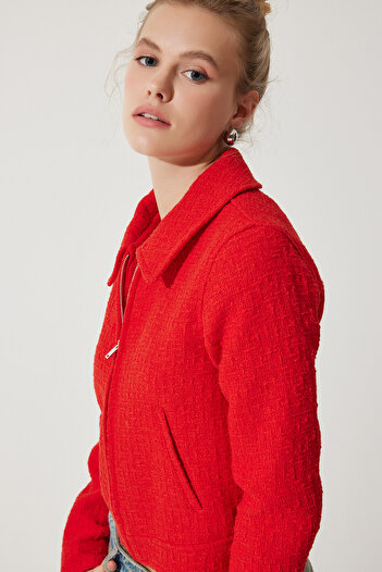 Happiness İstanbul Women's Red Zippered Shirt Collar Tweed Jacket WF00069
