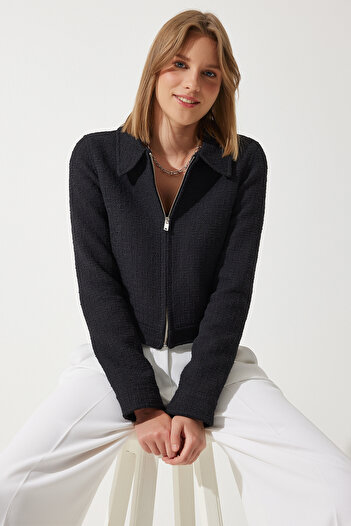 Happiness İstanbul Women's Black Zippered Shirt Collar Tweed Jacket WF00069