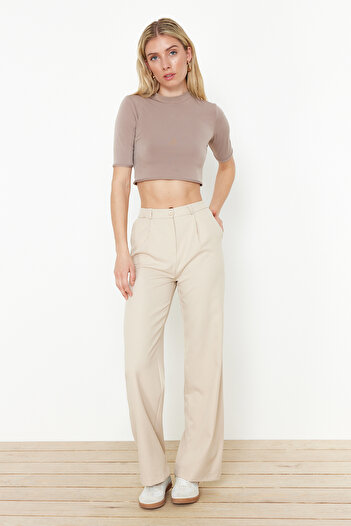Trendyol Collection Bézs széles szárú/széles szárú szőtt nadrág TWOSS24PL00084