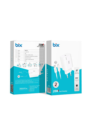 Bix Bxcl21ta 20w Pd Type-c Hızlı Şarj Cihazı & 1 Metre Lightning Kablo Iphone 12/13/14 Serisi Ile Uyumlu