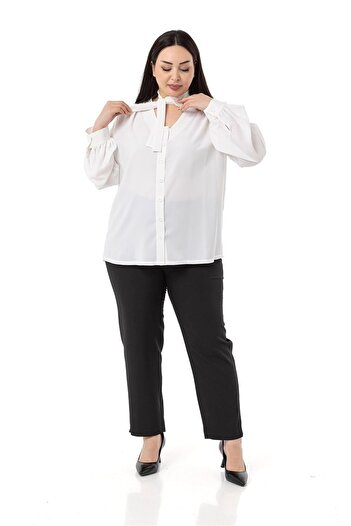 DISENTIS MODEST Large Size White Shirt with Halter Detail and Cuffs