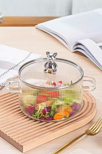 Comprox 1700cc Lilac Purple Teddy Bear Figured Pot Heat Resistant|Borosilicate| Termisil Stovetop Glass Pot