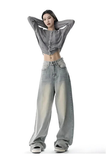 Violon Mavi Eskitme Retro Baggy Unisex Wide Leg Pantolon Jeans