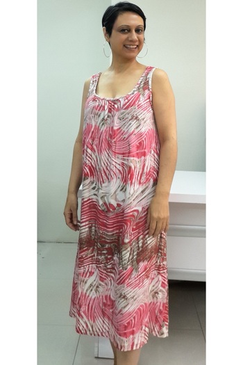 Mertcan Butik Red Pink Patterned Combed Cotton Viscose Dress with Shirred Front and Back