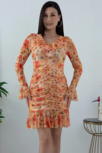 PULLIMM V-Neck Ruffle Tulle Dress 981-3028-1