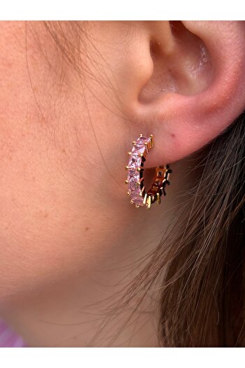 ByMerve Bym135 Pink Baguette Stone Gold Color Hoop Women's Steel Earrings