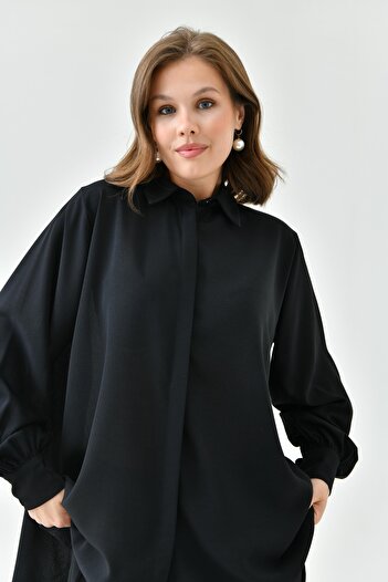 lovebox Women's Black Long Sleeve Shirt and Pleated Wide Leg Black Pants Bottom-Top Set 2051