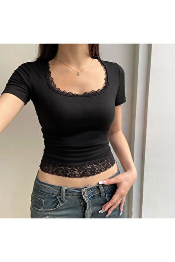 Köstebek Square Lace Neck Short Sleeve Bodysuit