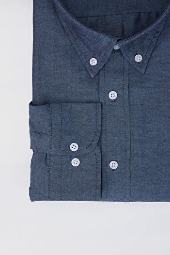 Tudors Plus Size Long Sleeve Oxford Texture Collar Buttoned Pocket Embroidered Blue Men's Shirt