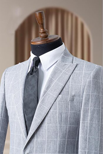 MODA DİNA Summer Fabric Gray Plaid Italian Style Lined Men's Blazer Jacket